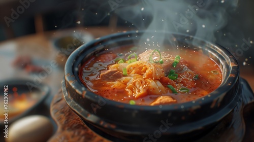 Traditional Korean food. Bowl of hot spicy kimchi jjigae. Generated by artificial intelligence.