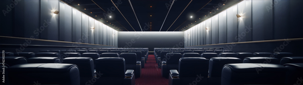 Modern empty cinema auditorium with red carpet and black leather seats Modern empty cinema auditorium with red carpet and black leather seats