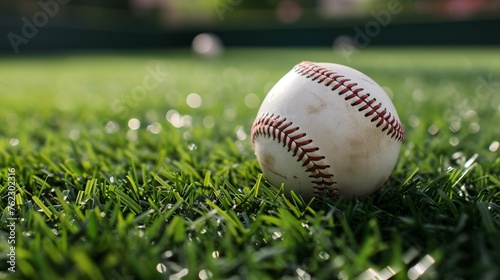 A close-up image of a baseball resting on the green grass of a baseball field. The ball is old and scuffed, and the grass is wet with dew.