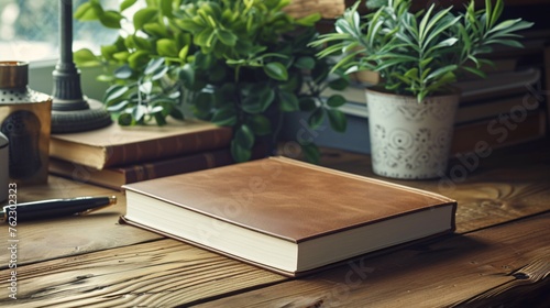 A leather-bound book sits on a wooden table. The book is closed and there is a pen on top of it. There are some plants and a lamp in the background.