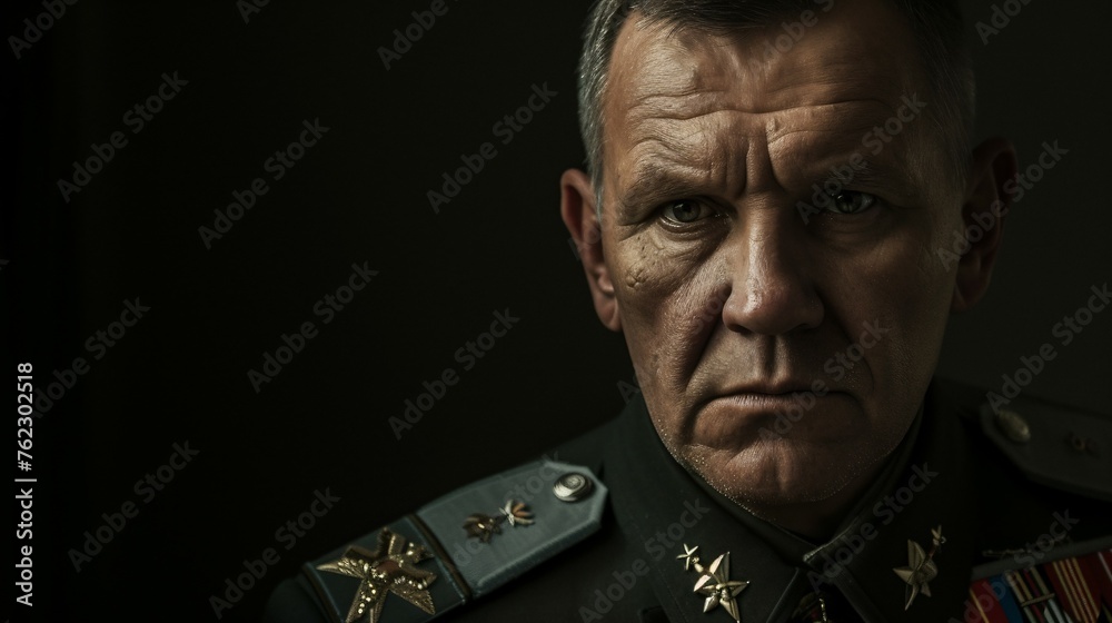 A portrait of a stern-looking military man in his dress uniform. - obrazy, fototapety, plakaty 