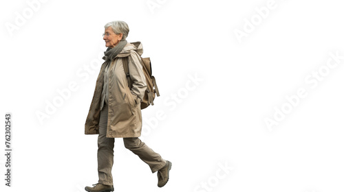 The modern elderly woman walks with a light gait. PNG file of isolated cutout object on transparent background.