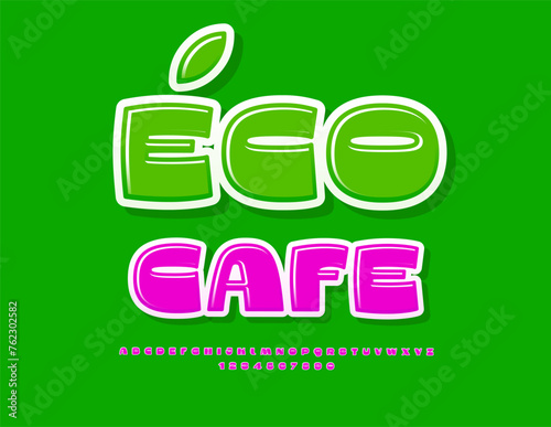 Vector modern template Eco Cafe. Creative Glossy Font. Bright Alphabet Letters and Numbers set.