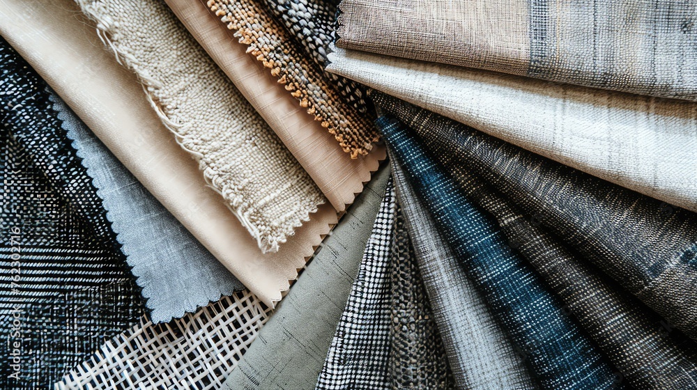 A variety of fabrics are displayed in a semicircle. The fabrics are of different colors and textures.