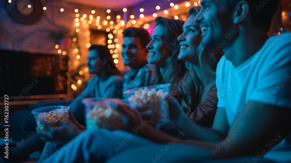 A group of friends are watching a movie together. They are all sitting on the couch and eating popcorn. They are all smiling and enjoying the movie. - obrazy, fototapety, plakaty 