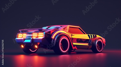 A retro futuristic sports car in a dark setting with glowing neon lights reflecting off its body. © AiStock