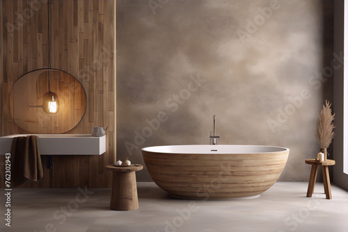 Bathroom interior with wooden bathtub, stool and round mirror, 3d render photo