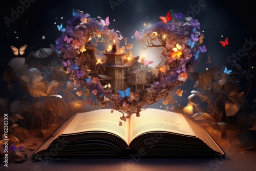 Open book and butterflies textured abstract background