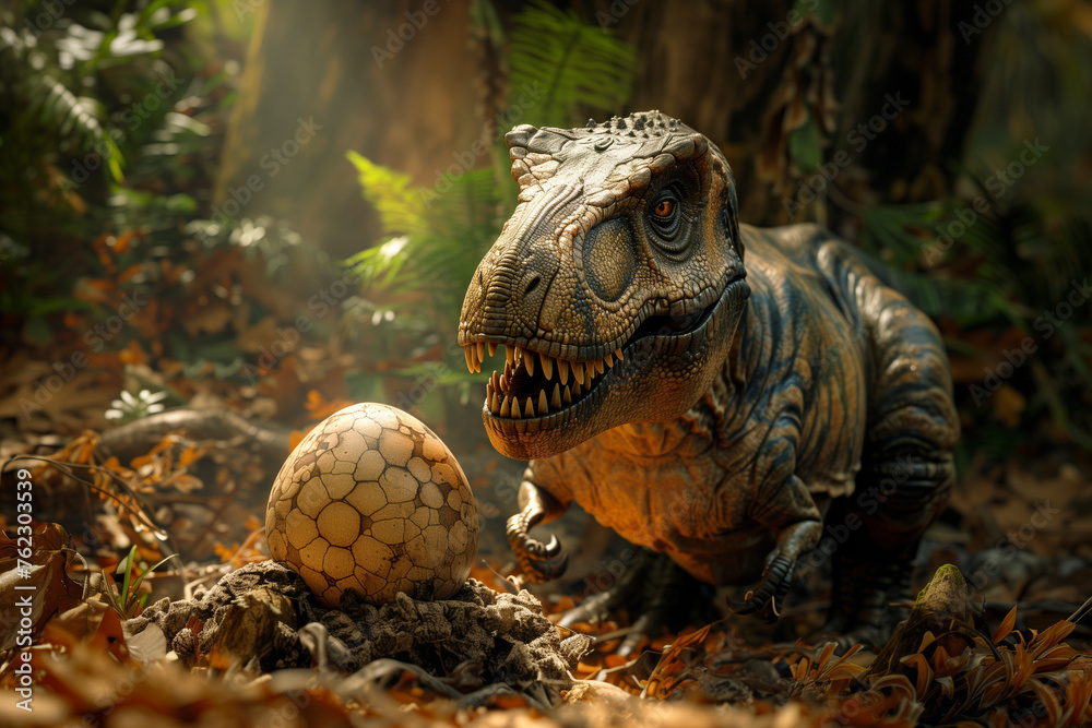 Tyrannosaurus Rex is protecting its egg - obrazy, fototapety, plakaty 