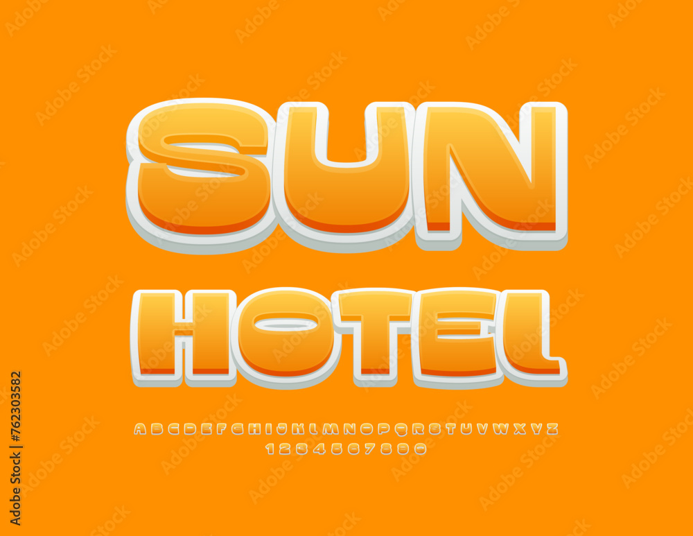 Vector travel banner Sun Hotel. Cool Yellow Font. Modern Artistic Alphabet Letters set. 