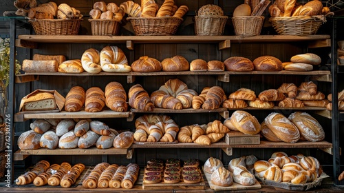Meticulous display of breads, croissants, and rolls, each shelf a testament to bakery art