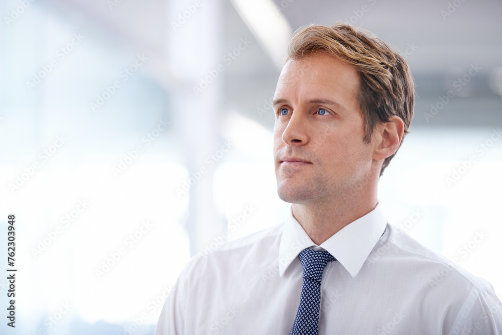 Businessman, serious and thinking in the morning in office with corporate ideas, daydreaming and wondering. Entrepreneur, professional and thoughtful man at workplace with mockup space and confidence Businessman, serious and thinking in the morning in office with corporate ideas, daydreaming and wondering. Entrepreneur, professional and thoughtful man at workplace with mockup space and confidence