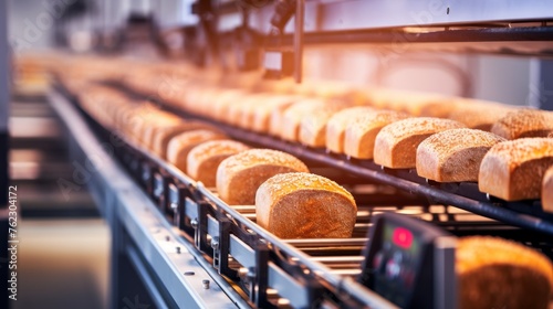 Automated bakery production bread loaves on conveyor belt in a modern baking facility