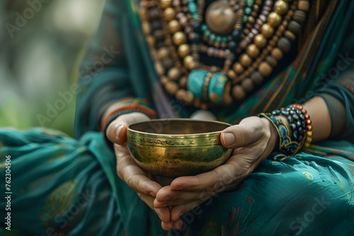 a person's hands holding a mindfulness bell or singing bowl