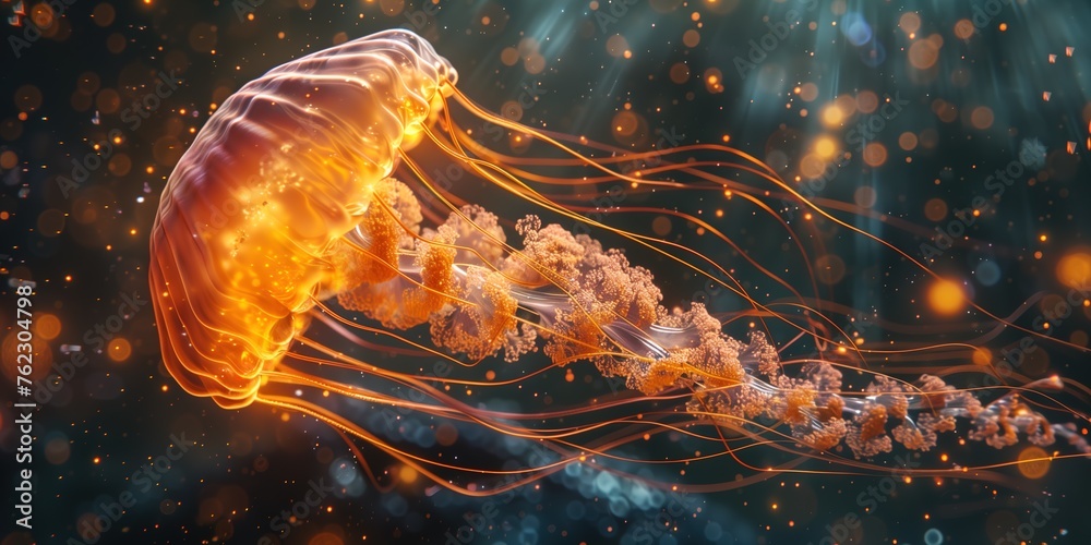 Obraz premium Closeup of Several Beautiful Moon Vibrant Bioluminescent Gold Jellyfish