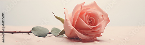 A pink rose with water drops on a beige background in a close-up view #762304710