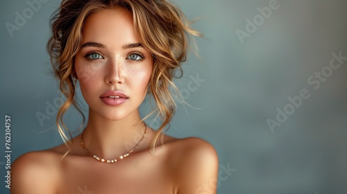 beauty, people and jewelry concept - beautiful young woman wearing shiny diamond pendant