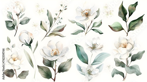 White flowers and green leaves watercolor collection isolated on white background