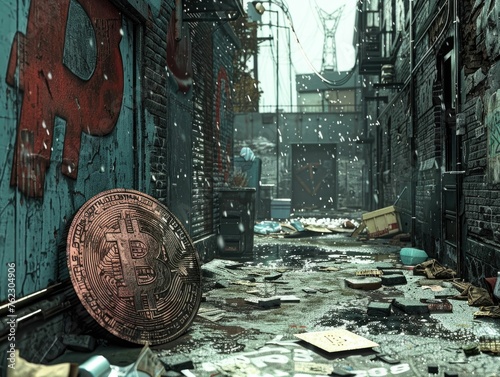 Satirical artwork of a bitcoin lying in a trashy alley, a commentary on the skepticism surrounding the stability of digital currencies photo