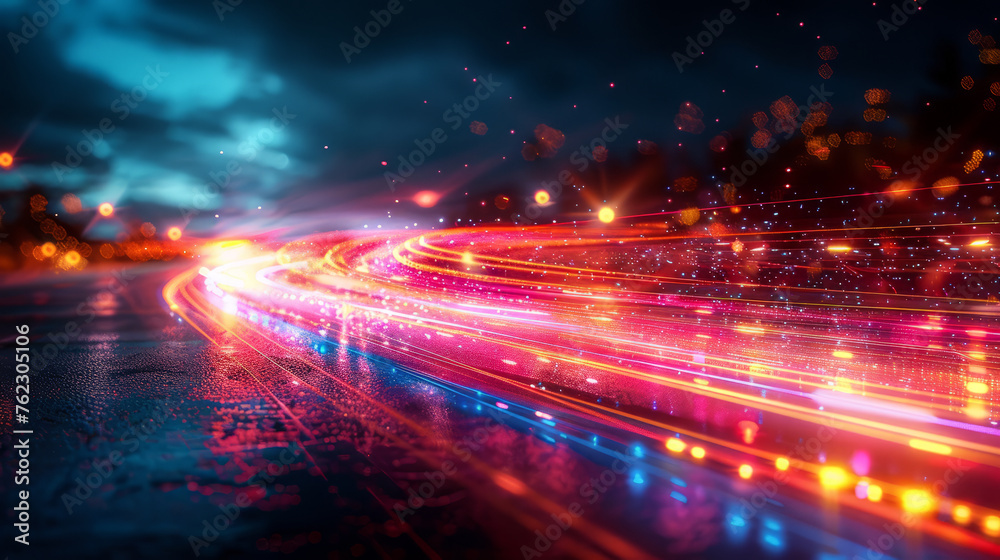 Neon light trail forms a dynamic abstract ribbon darting through a teeming city street under the night sky. City background. Neon light trail forms a dynamic abstract ribbon darting through a teeming city street under the night sky. City background.