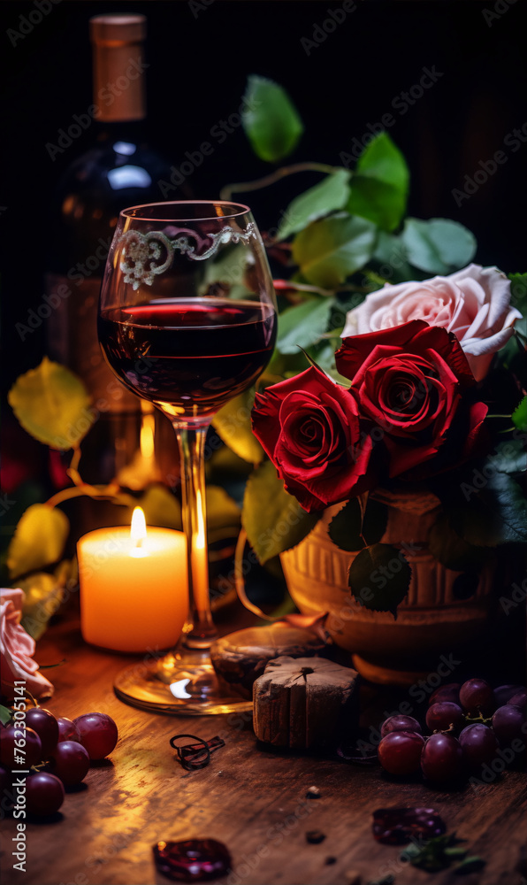 Still life with red wine, roses, grapes and candle on wooden table