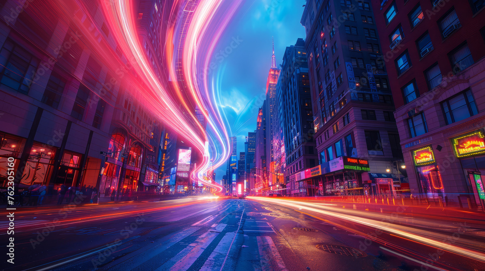 Neon light trail forms a dynamic abstract ribbon darting through a teeming city street under the night sky. City background.