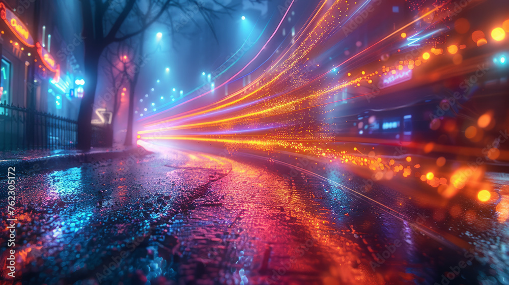 Neon light trail forms a dynamic abstract ribbon darting through a teeming city street under the night sky. City background. Neon light trail forms a dynamic abstract ribbon darting through a teeming city street under the night sky. City background.