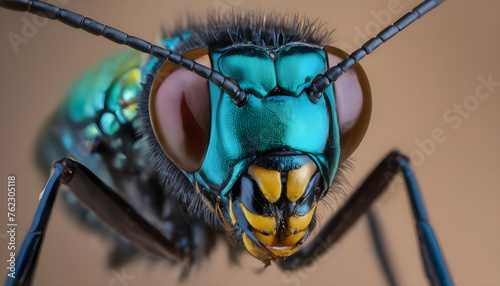 Close up of a bug with a blue and green face portrait of an alien insect