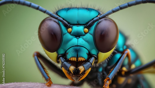 Close up of a bug with a blue and green face portrait of an alien insect