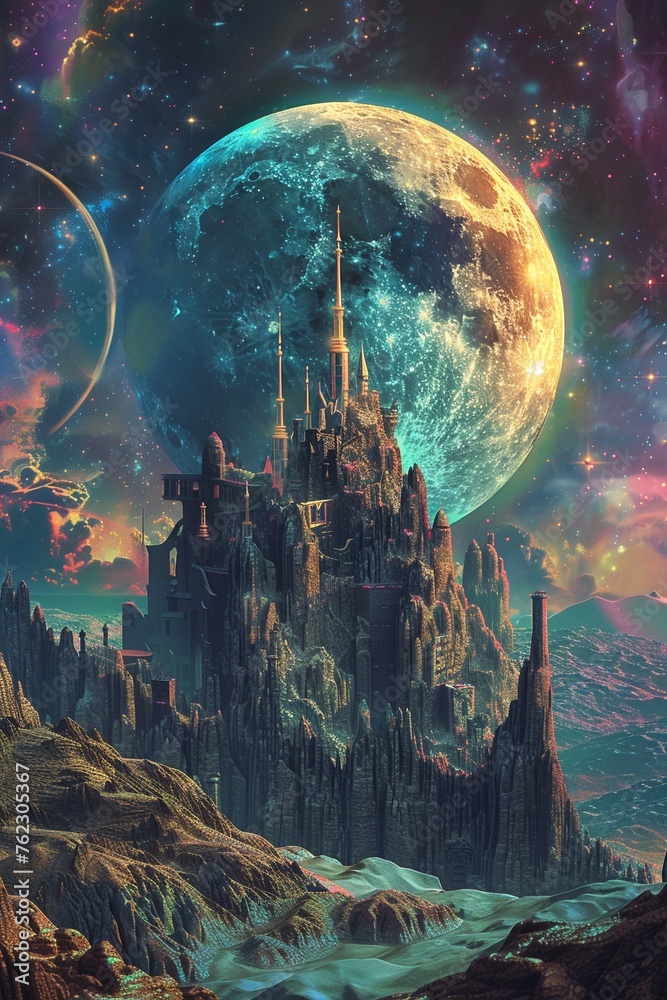 Vibrant fantasy castle on the moon wide lens radiant in cosmic landscape