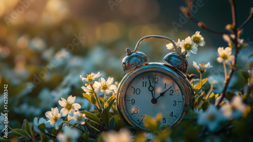 Alarm clock surrounded pink flowers. Spring time came. Spring flowers background.