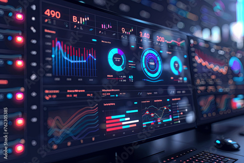 A 3D dashboard displays various data  charts and report