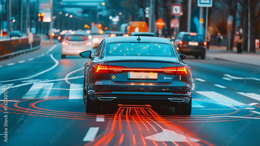 An autonomous, self-driving car navigating the city