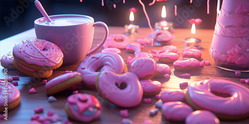 Pink and purple donuts and coffee cup on a wooden table with candles and pink flowers.