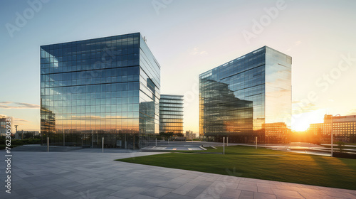 Modern Commercial Buildings Bathed in Sunset Glow