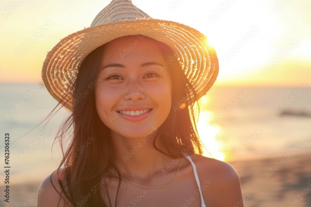 Young Woman with Straw Hat in Sunset Light - Generative AI