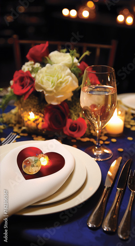 Fine dinning table place setting with red roses and candles