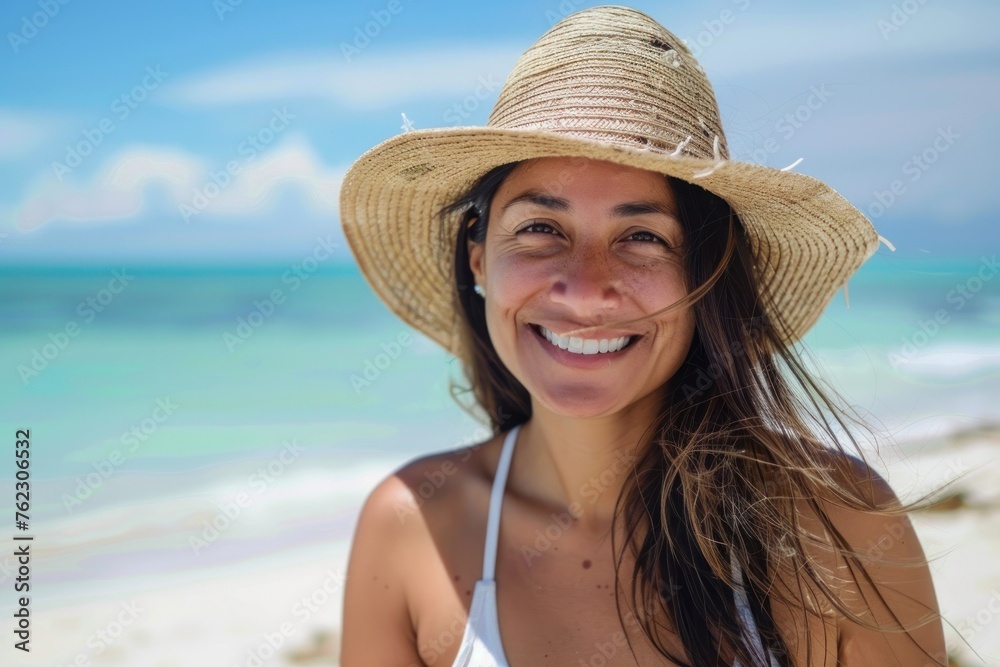 Sunny Beach Day with Joyful Woman in a Straw Hat - Generative AI