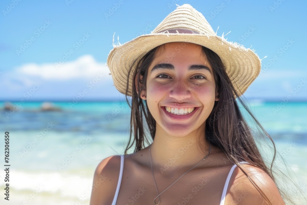 Sunny Beach Day with Joyful Woman in a Straw Hat - Generative AI