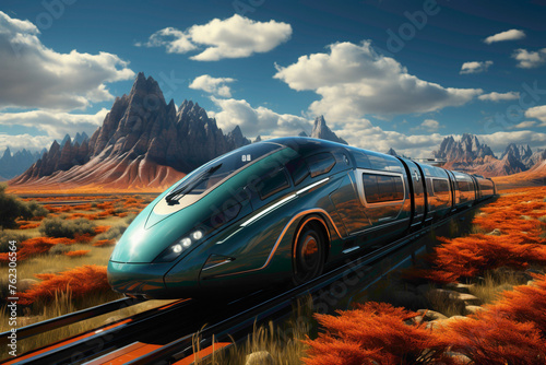 A high-speed bullet train speeding across a futuristic landscape with a solid blue sky.