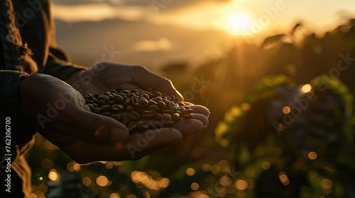 An agronomist analyzing coffee plantations, with coffee beans in their hands, taken during sunset