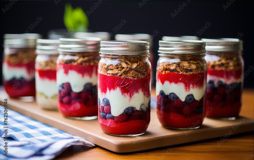 Six parfait jars with layers of red fruit, white yogurt, and brown granola. Six parfait jars with layers of red fruit, white yogurt, and brown granola.