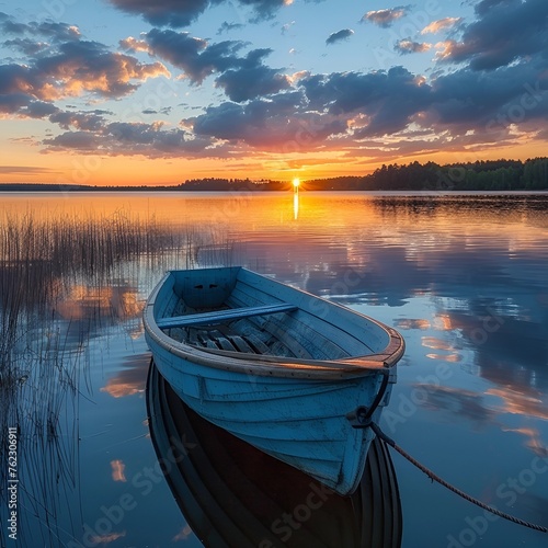Sunrise over a serene lake, a lone rowboat in the center, symbolizing new beginnings and quiet determination 