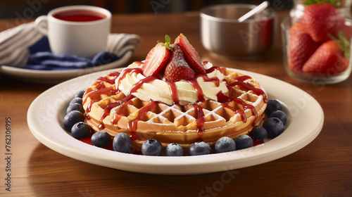 Food photography of waffles with strawberries and blueberries.