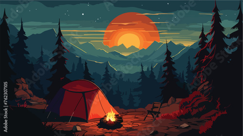 Vector Flat Night Camping in Mountains Burning 