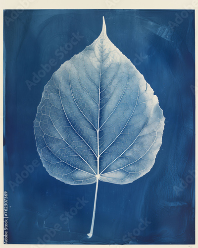 a flatbed scan of a cyanotype print of a single plant leaf, with paper texture, grain, dust, and artefacts that make the scan feel as physical as possible