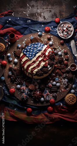 Still life of a 4th of July-themed cake and decorations in muted colors.