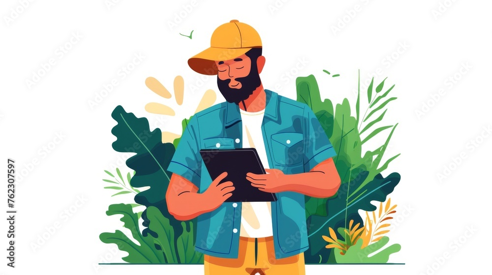 A fashionable young man in trendy casual clothing is standing outdoors, surrounded by vibrant green foliage, as he focuses on using a tablet device with a serious expression.