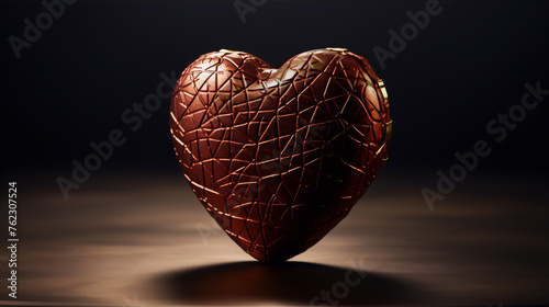 3D illustration of a shiny red heart with a golden hinge on a brown surface against a dark background. photo