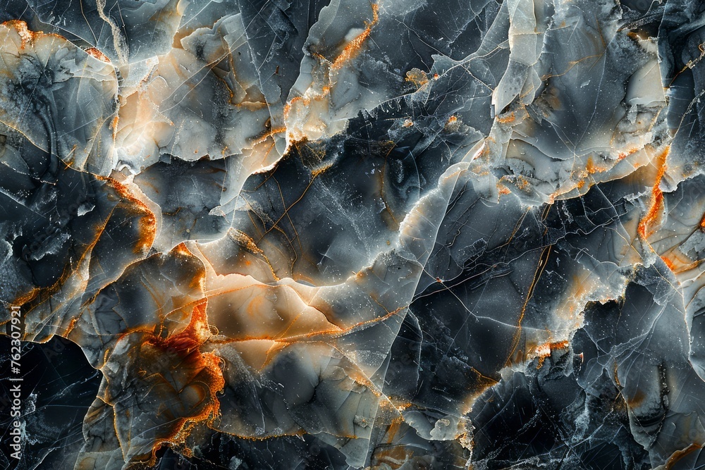 Dramatic Orange Veins Slicing through Charcoal Grey Marble Texture Background for Elegant Design